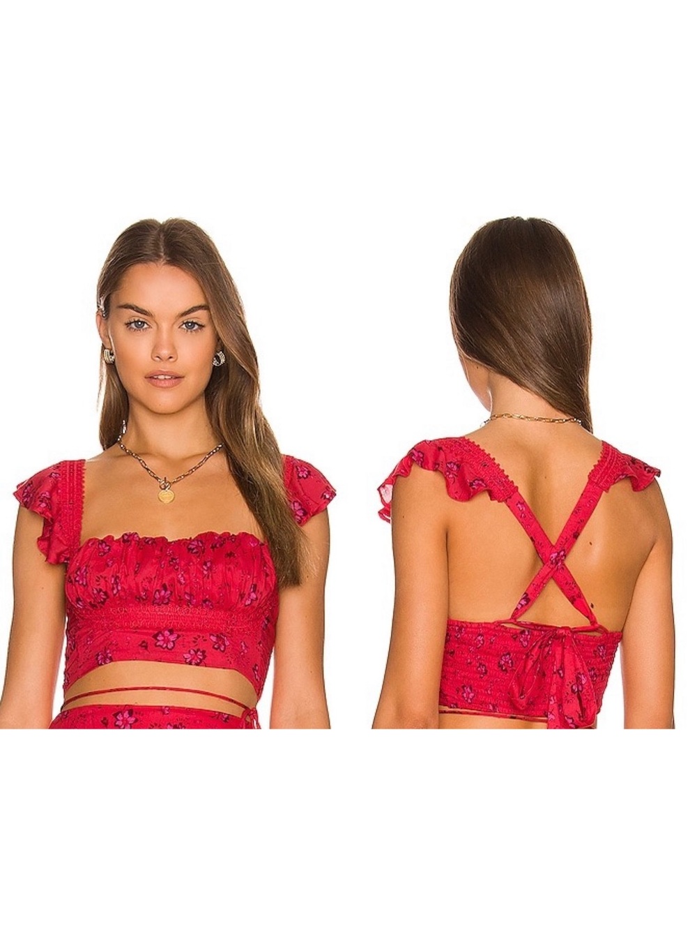 Free People Bijou Red/Pink Floral Flutter Sleeve Crop Top Size 0